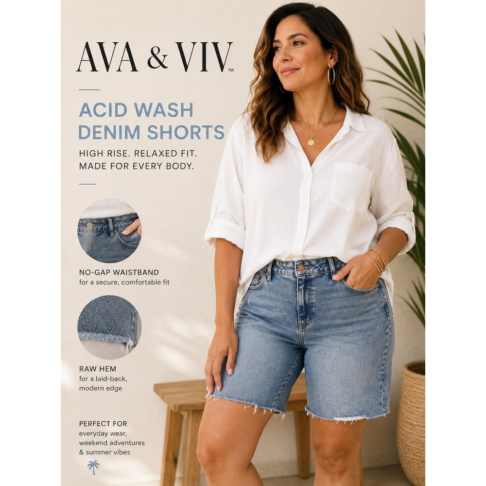 NEW AVA & VIV Acid Wash Denim High Rise Relaxed Bermuda Short Size 24